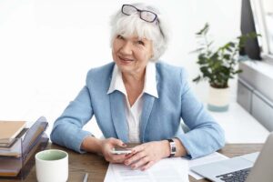 woman sitting at her desk