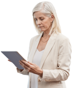 concerned business woman holding a tablet